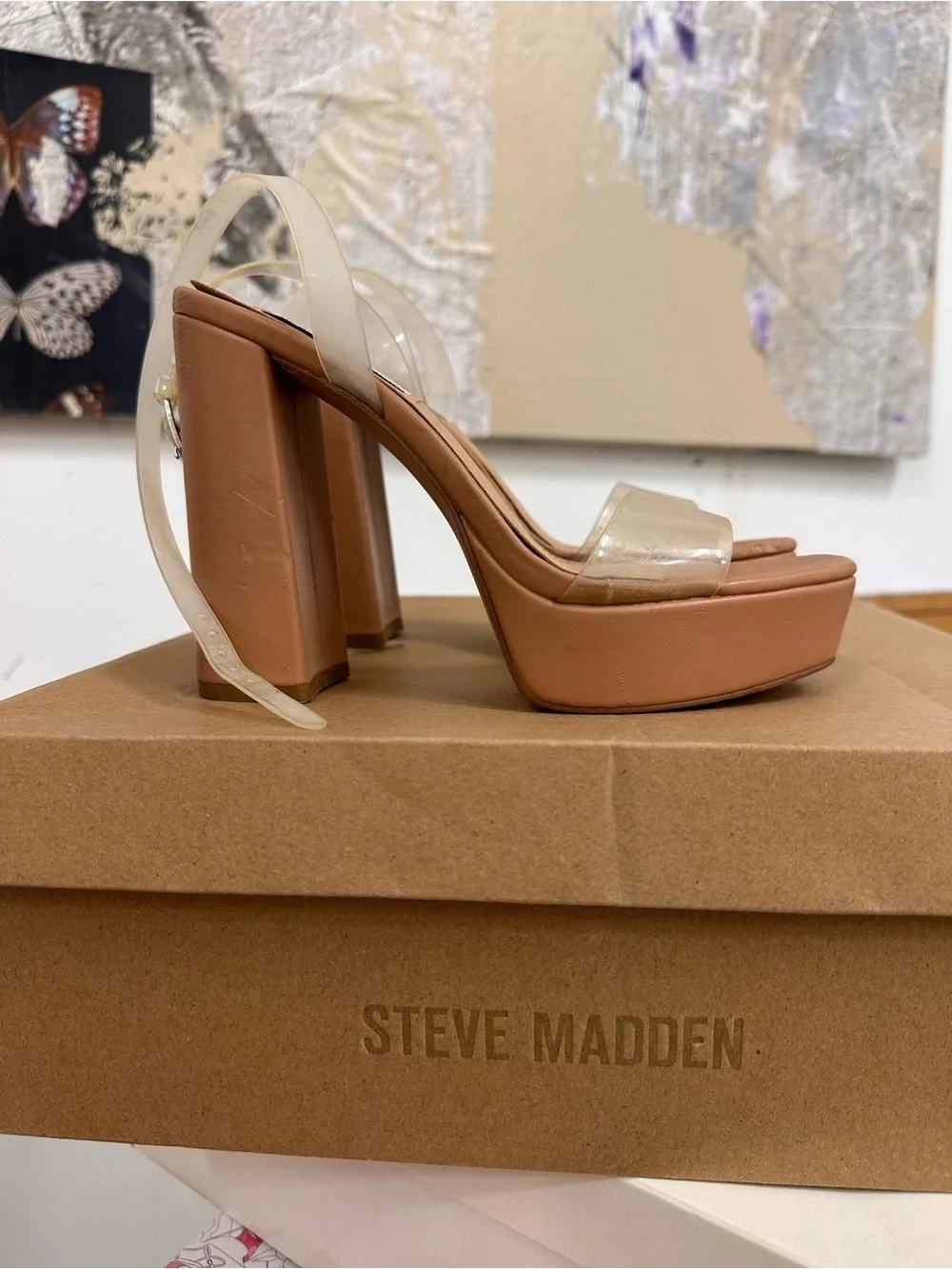 Steve Madden Nude Tan Platform Block Heel Sandals with Clear Straps